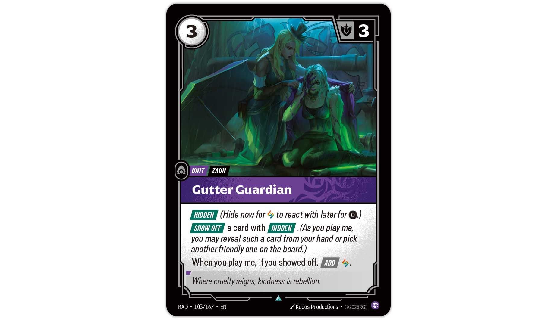 Riot card illustration accompanying the Show Off facedown-card ruling