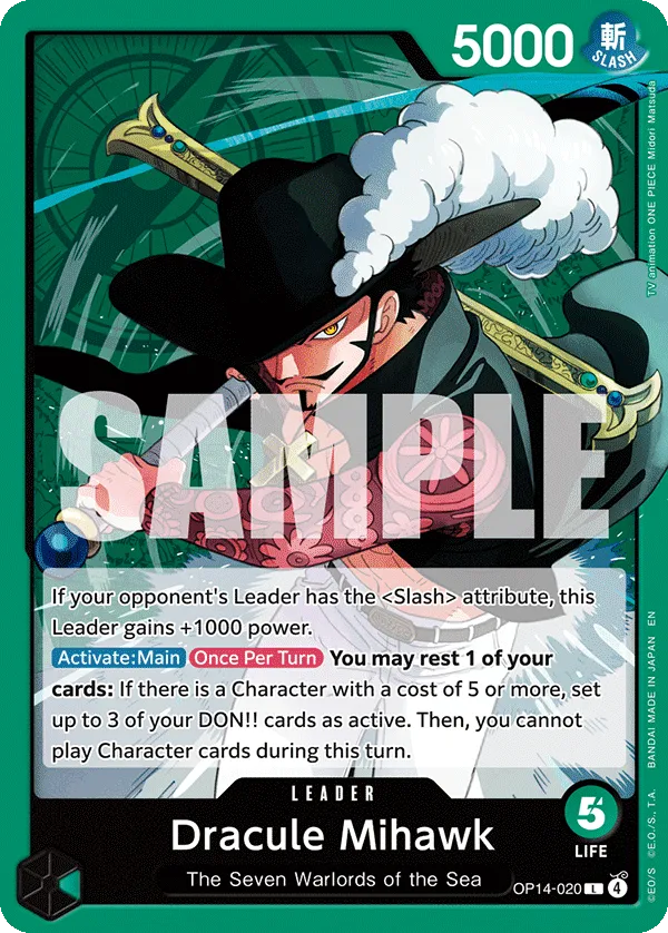 Official sample of the green OP14-020 Dracule Mihawk Leader