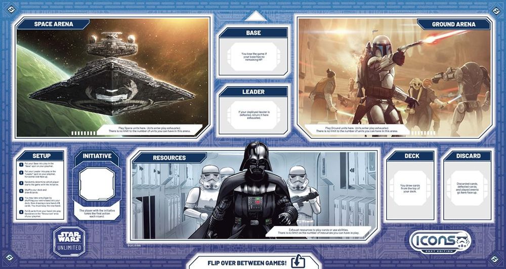 Official Icons Starter Box Vader playmat showing the learning layout and card positions