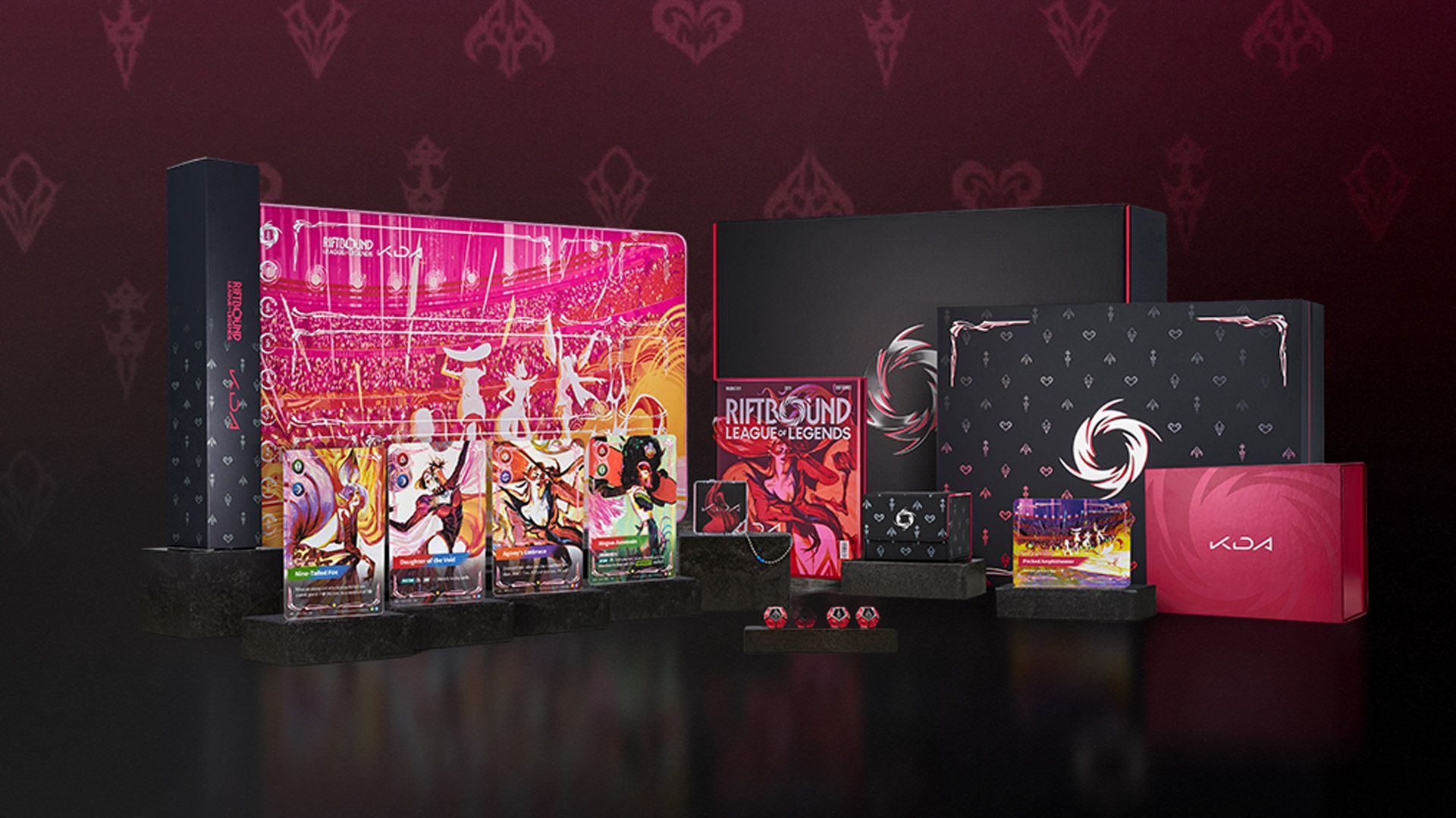 Official K/DA Couture Collection display with its five cards, playmat, deck box, sleeves, dice and FIRESTARTER KiT