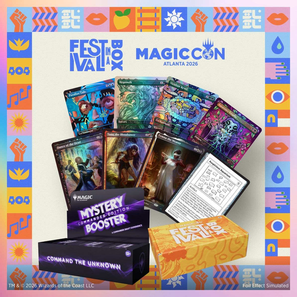 Festival in a Box Atlanta 2026, showing the Commander Edition box, Secret Gallery cards and four promos
