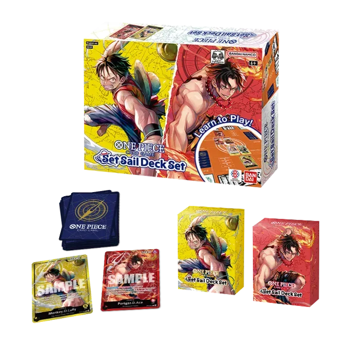 English Set Sail Deck Set SD01 box with Luffy and Ace, two deck cases, guide books and sample Leader cards