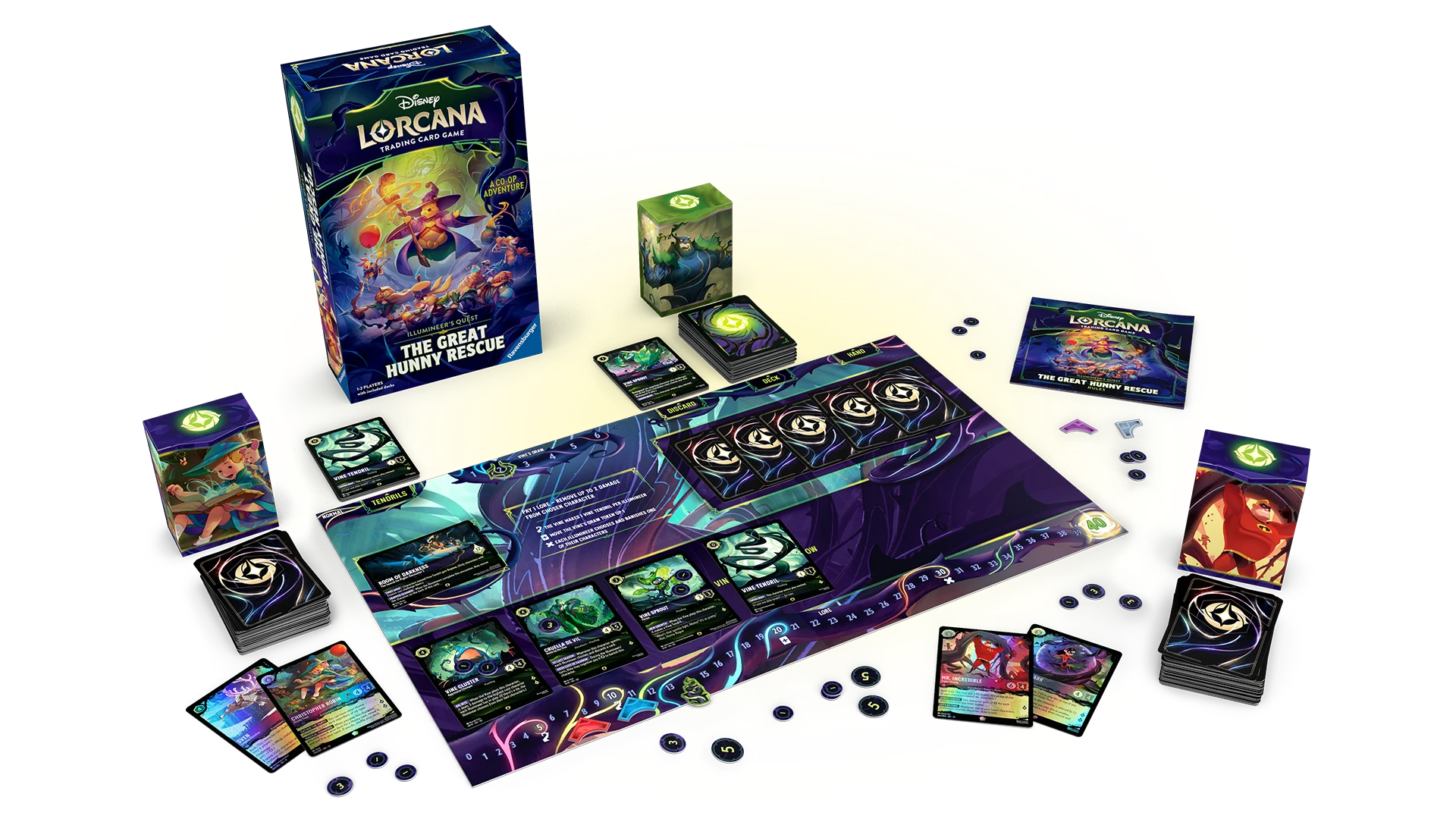 Official Great Hunny Rescue contents with two player decks, scenario cards, reward envelopes, board and tokens